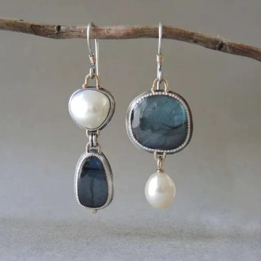 Pendientes vintage de piedra natural azul con perlas