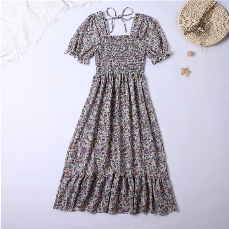 Vestido midi de verano Lucía estilo boho, con mangas cortas y escote cuadrado