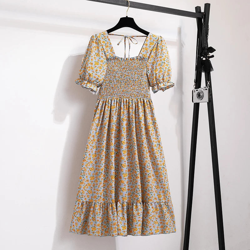 Vestido midi de verano Lucía estilo boho, con mangas cortas y escote cuadrado