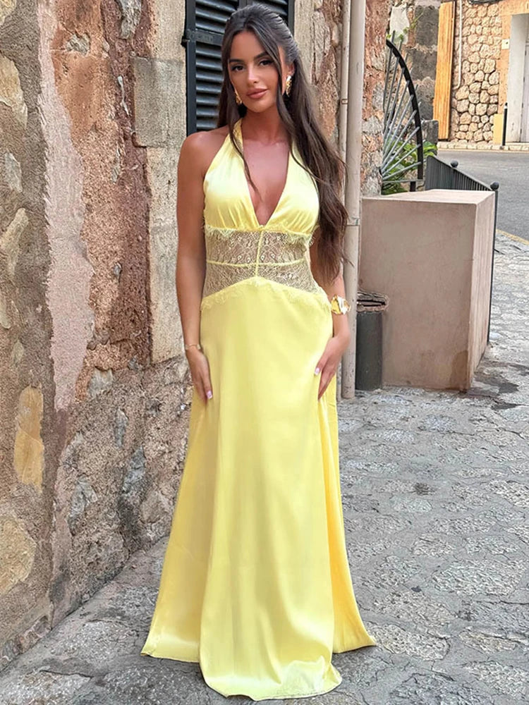 Vestido maxi de verano Valeria sin espalda, con escote en V y encaje