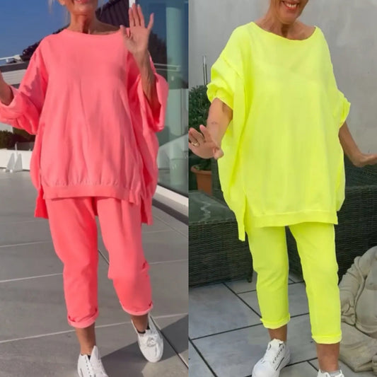 Isabela | Conjunto femenino de dos piezas con top de escote redondo y pantalones