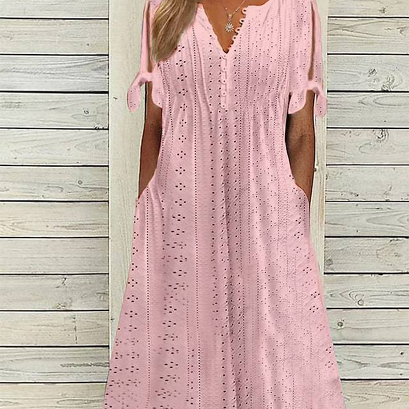 Odette – Vestido midi broderie con cuello en V y mangas anudadas