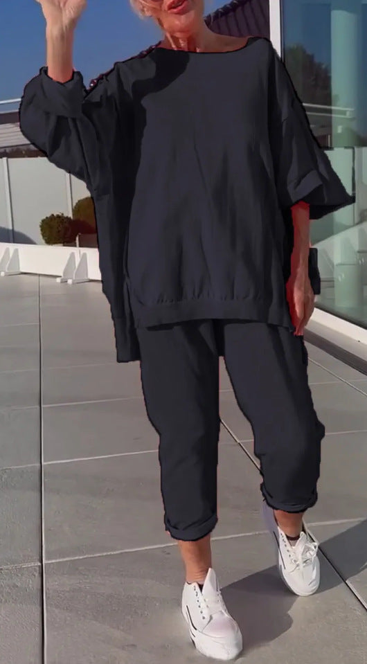 Isabela | Conjunto femenino de dos piezas con top de escote redondo y pantalones