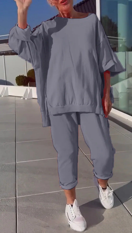 Isabela | Conjunto femenino de dos piezas con top de escote redondo y pantalones