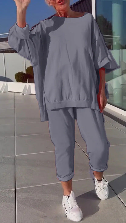 Isabela | Conjunto femenino de dos piezas con top de escote redondo y pantalones