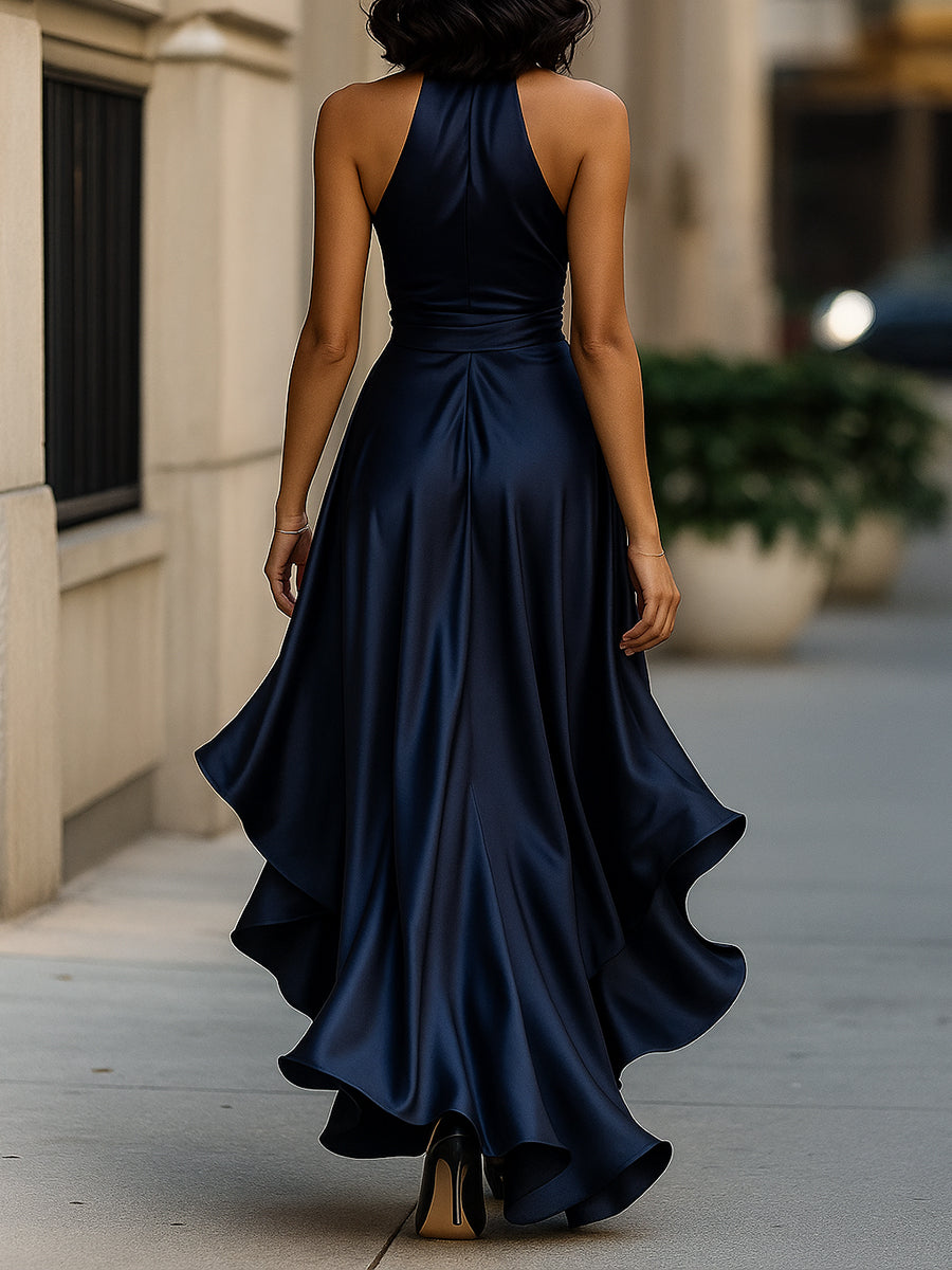 Vestido de Noche “Midnight Elegance” de Satén con Cuello Halter y Volantes