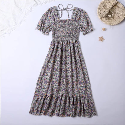 Vestido midi de verano Lucía estilo boho, con mangas cortas y escote cuadrado