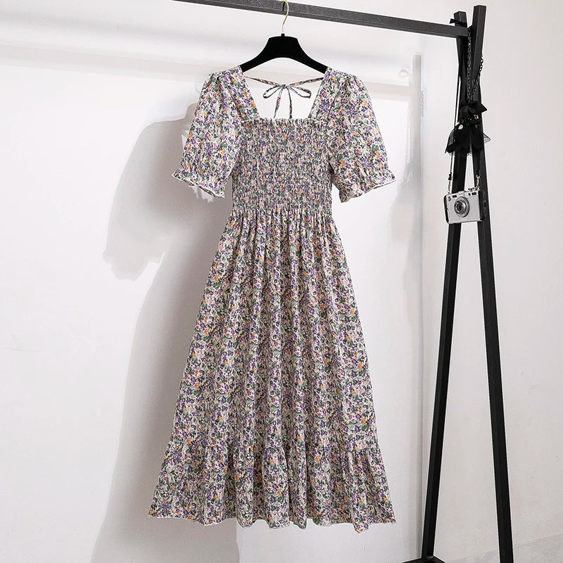 Vestido midi de verano Lucía estilo boho, con mangas cortas y escote cuadrado