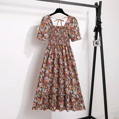 Vestido midi de verano Lucía estilo boho, con mangas cortas y escote cuadrado