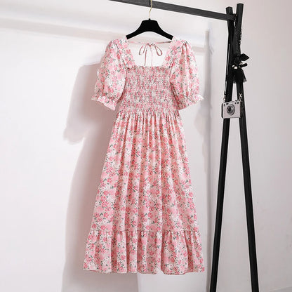 Vestido midi de verano Lucía estilo boho, con mangas cortas y escote cuadrado