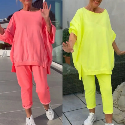 Isabela | Conjunto femenino de dos piezas con top de escote redondo y pantalones