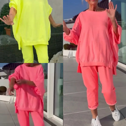 Isabela | Conjunto femenino de dos piezas con top de escote redondo y pantalones