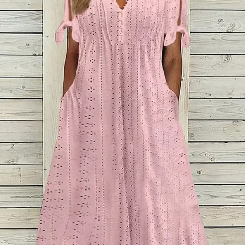 Odette – Vestido midi broderie con cuello en V y mangas anudadas