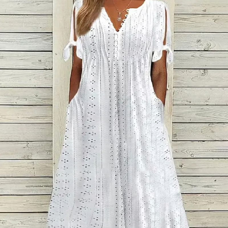 Odette – Vestido midi broderie con cuello en V y mangas anudadas