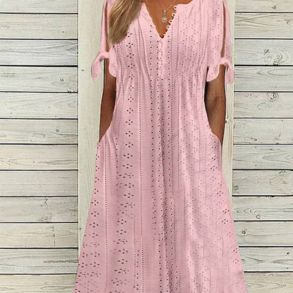 Odette – Vestido midi broderie con cuello en V y mangas anudadas